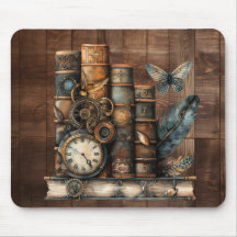 Tapis de souris en bois avec livres Steampunk