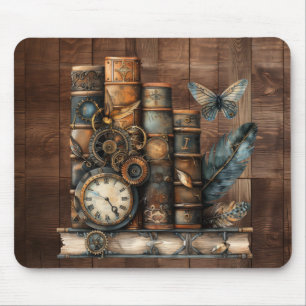 Tapis de souris en bois avec livres Steampunk