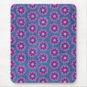 Tapis de souris en denim et fleurs rose et bleu
