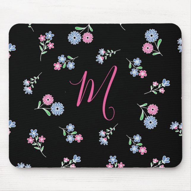 Tapis De Souris En fleur Monogramme initial Motif rose bleu (Devant)
