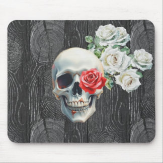 Tapis de souris en texture de bois Crâne et roses