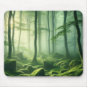 Tapis De Souris Enchanted Misty Forest Serene Green Woodland Scene