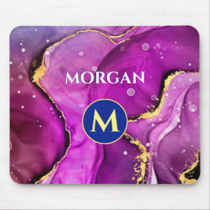 Tapis De Souris Encre liquide rouge violet et or, monogramme et no
