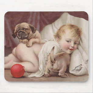 Tapis De Souris Enfant au jeu avec des carlins