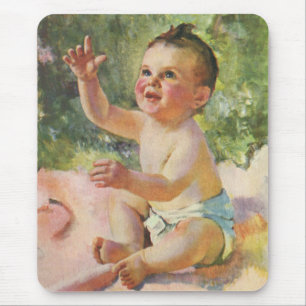 Tapis De Souris Enfants Vintage, Bébé Fille Mignon sur une Couvert