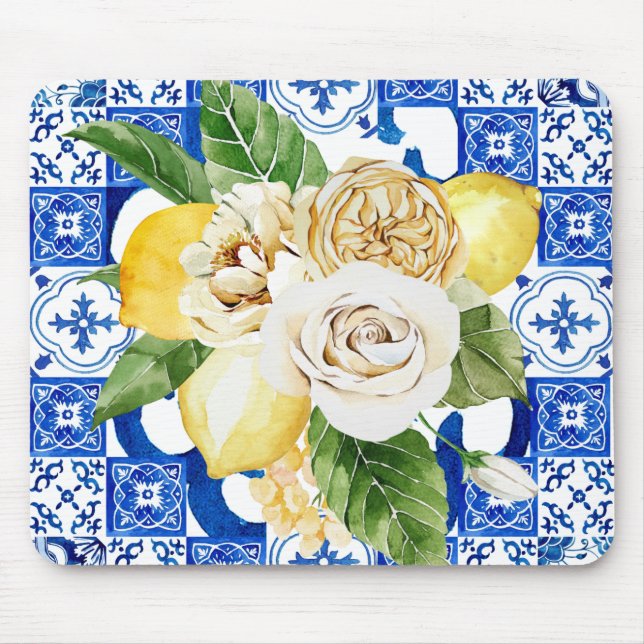 Tapis De Souris Eté Carrelage de citron et de fleurs méditerranéen (Devant)