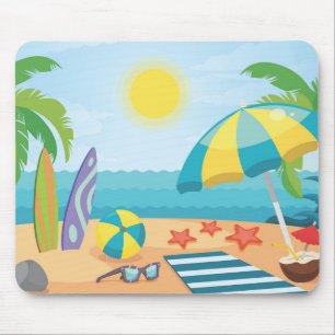 Tapis De Souris Été sur la plage avec planches de Surf et palmiers