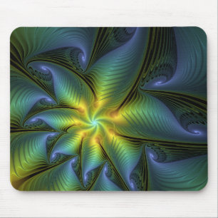 Tapis De Souris Etoile Abstraite, Bleu brillant Vert Or Fractal Ar