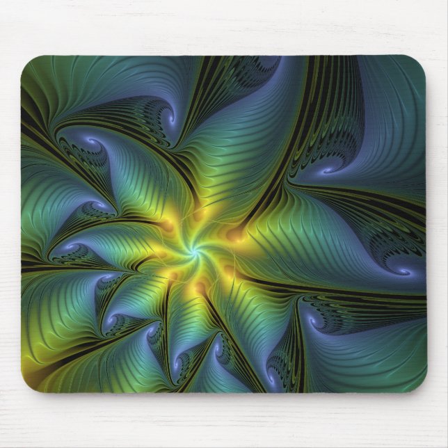 Tapis De Souris Etoile Abstraite, Bleu brillant Vert Or Fractal Ar (Devant)