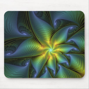 Tapis De Souris Etoile Abstraite, Bleu brillant Vert Or Fractal Ar