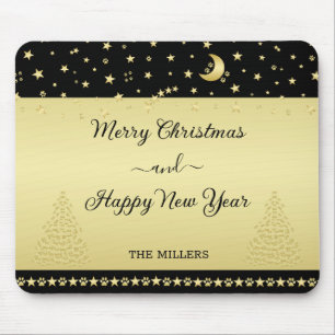 Tapis De Souris Etoiles de Noël brillantes or, pattes sur or et no
