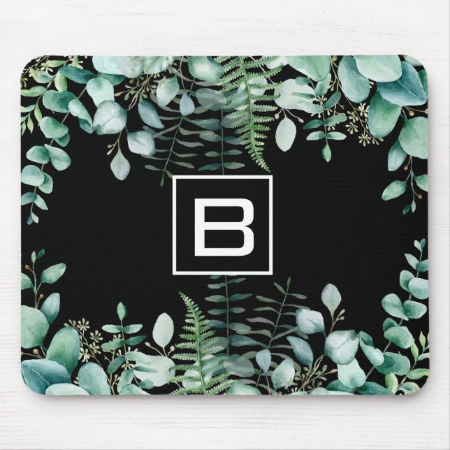 Tapis De Souris Éucalyptus fougères de bois monogramme noir (Devant)