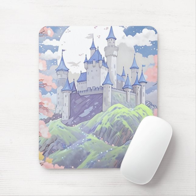 Tapis De Souris Fairytale Castle Pastel Aquarelle Paysage (Avec souris)