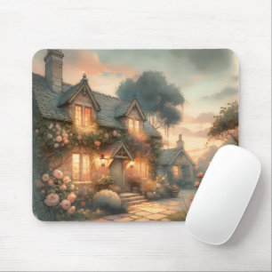 Tapis De Souris Fairytale Cottage au coucher du soleil avec Rose
