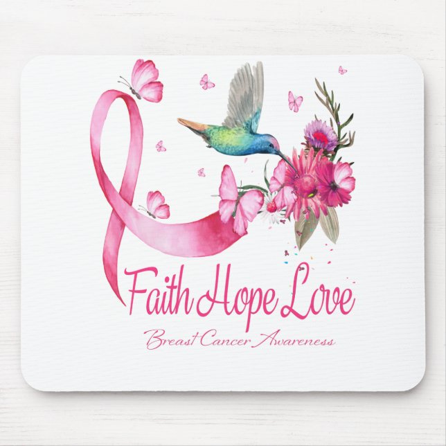 Tapis De Souris Faith Hope Love Hummingbird Ribbon Cancer du sein (Devant)