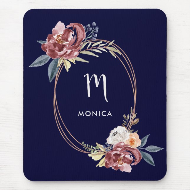 Tapis De Souris Fall Burgundy Floral and Rose Gold| Monogramme de  (Devant)