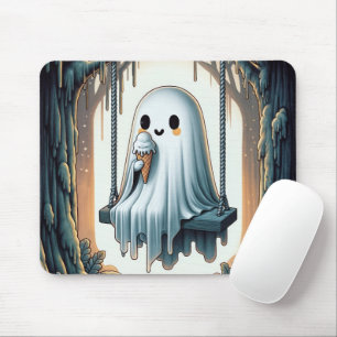 Tapis De Souris Fantôme de dessin animé mangeant un cornet de glac