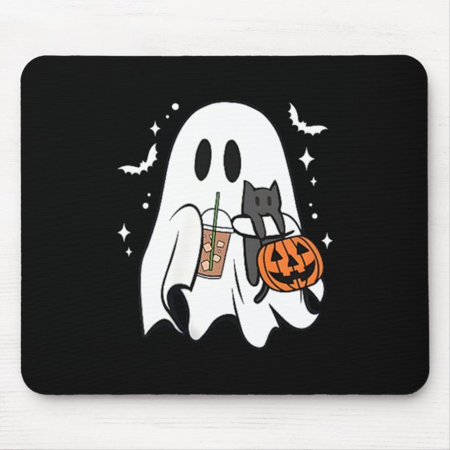 Tapis De Souris Fantôme effrayant tenant un chat noir Halloween gl (Devant)