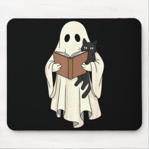 Tapis De Souris Fantôme et chat noir lisant Halloween
