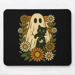 Tapis De Souris Fantôme mignon tenant un chat noir floral groovy d