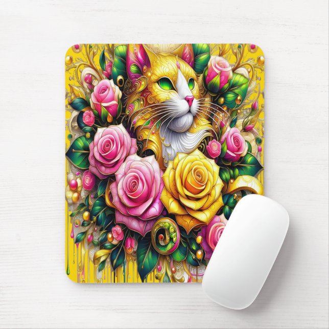 Tapis De Souris Feline au milieu d'une floraison vibrante (Avec souris)