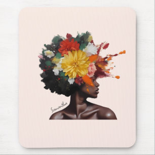 Tapis De Souris Femme afro-américaine aux cheveux noirs floraux (2