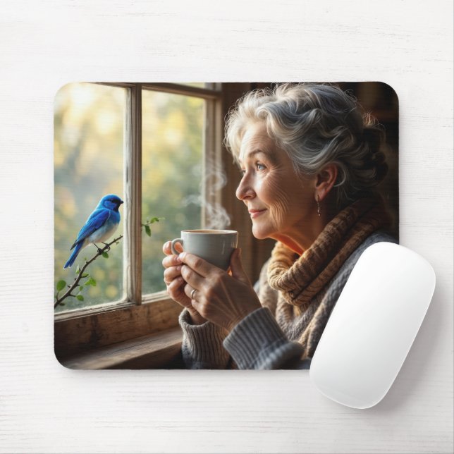 Tapis De Souris Femme âgée regardant un oiseau bleu (Avec souris)
