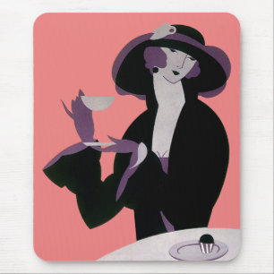 Tapis De Souris Femme Art Déco Vintage, Thé de l'Après-Midi et Gât
