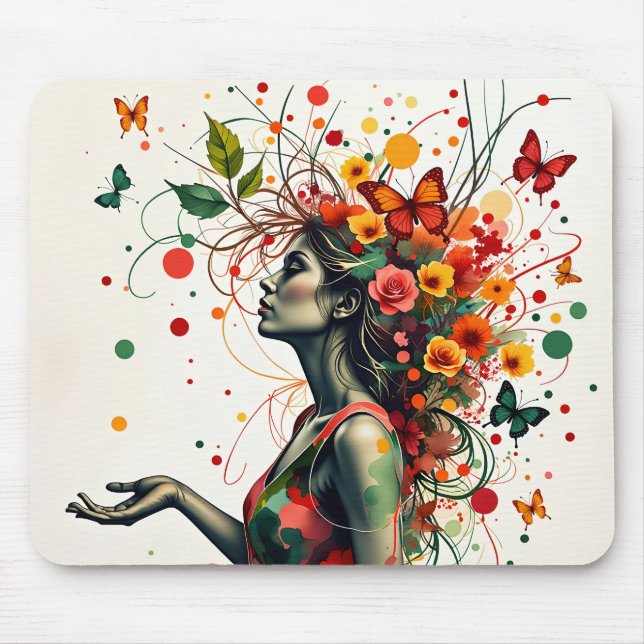 Tapis De Souris Femme aux papillons et fleurs (Devant)