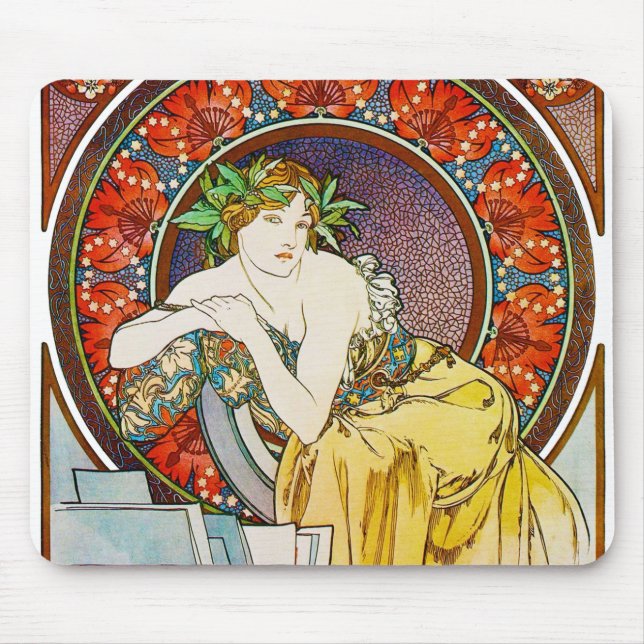 Tapis De Souris Femme avec du pavot, Mucha (Devant)