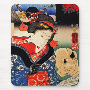 Tapis De Souris Femme avec le chat - art japonais - Utagawa