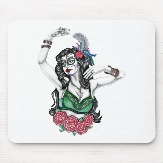 Tapis De Souris Femme crâne de sucre avec Rose (Devant)