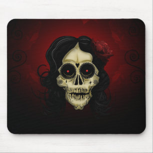 Tapis De Souris Femme Crâne de Sucre Gothique Rose Rouge Jour des