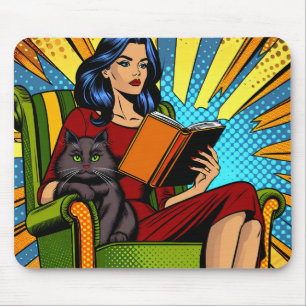 Tapis De Souris Femme de style Pop Art lisant et chat