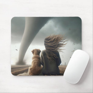 Tapis De Souris Femme et chien observant une tornade