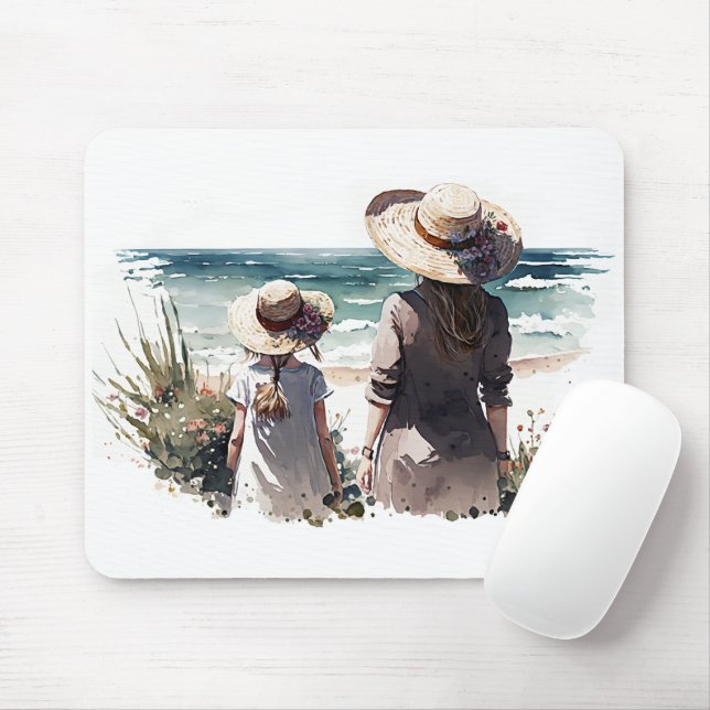 Tapis De Souris Femme et enfant en bord de mer (Avec souris)
