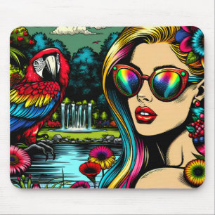 Tapis De Souris Femme et perroquet dans le parc Pop Art