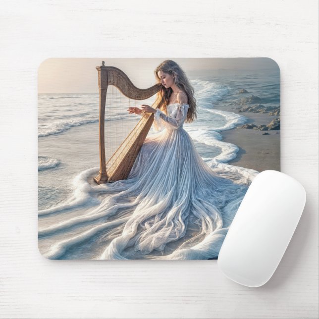 Tapis De Souris Femme Jouant d'une harpe dans l'eau de mer (Avec souris)