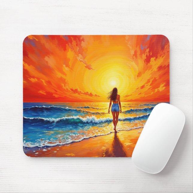 Tapis De Souris Femme marcher plage de l'océan chaud coucher de so (Avec souris)