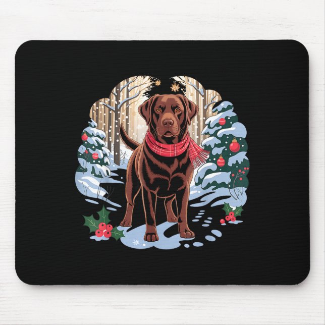 Tapis De Souris Festive Chocolate Lab In Snowy Forest Winter Xmas  (Devant)