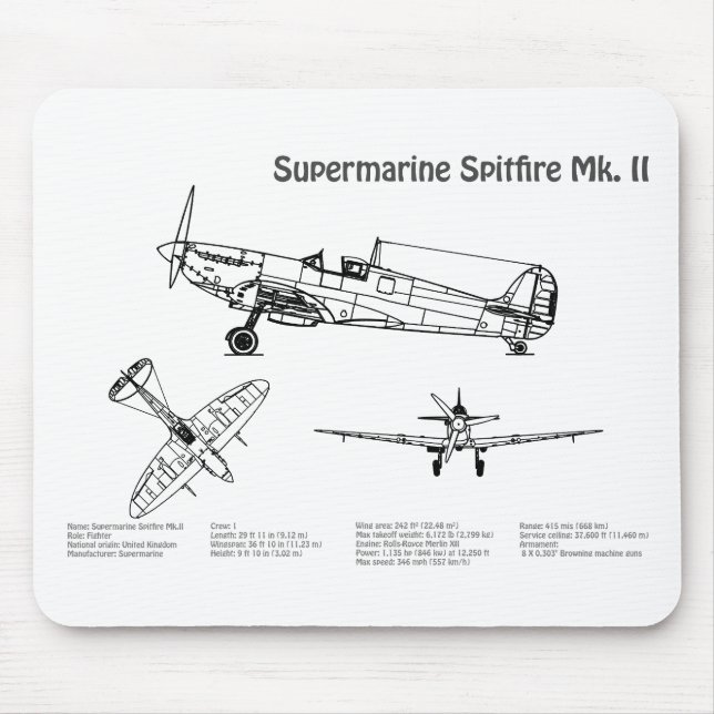 Tapis De Souris Feu Spitfire Supermarine - Plan d'avion BD (Devant)