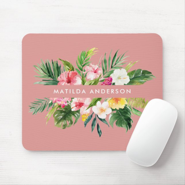 Tapis De Souris Feuillage moderne floral rose botanique tropical (Avec souris)