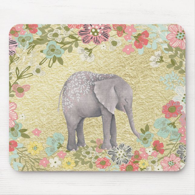 Tapis De Souris Feuille d'or florale de cadre d'éléphant chic (Devant)