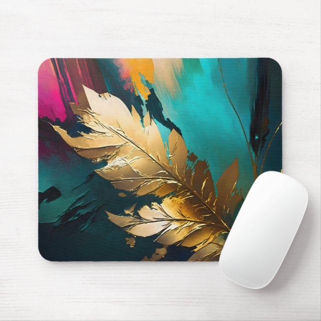 Tapis De Souris Feuille Dorée – Art Botanique Abstrait Moderne (Avec souris)