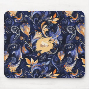 Tapis De Souris Feuilles Abstraits Paisley bleu et or