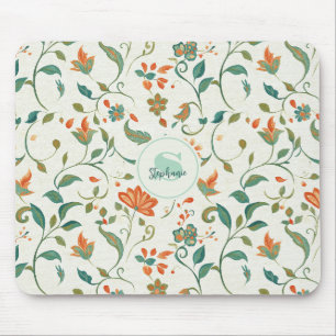 Tapis De Souris Feuilles bleu vintage et motifs floraux orange