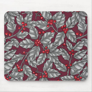 Tapis De Souris Feuilles gris sur rouge foncé