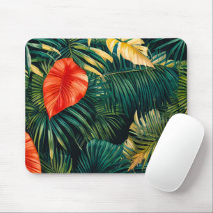 Tapis De Souris Feuilles tropicales colorées et fleurs d'Hibiscus