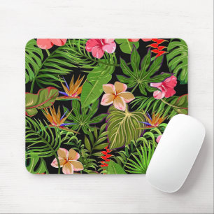 Tapis De Souris Feuilles tropicaux colorés et fleurs d'Hibiscus  