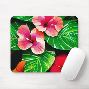 Tapis De Souris Feuilles tropicaux colorés et fleurs d'Hibiscus